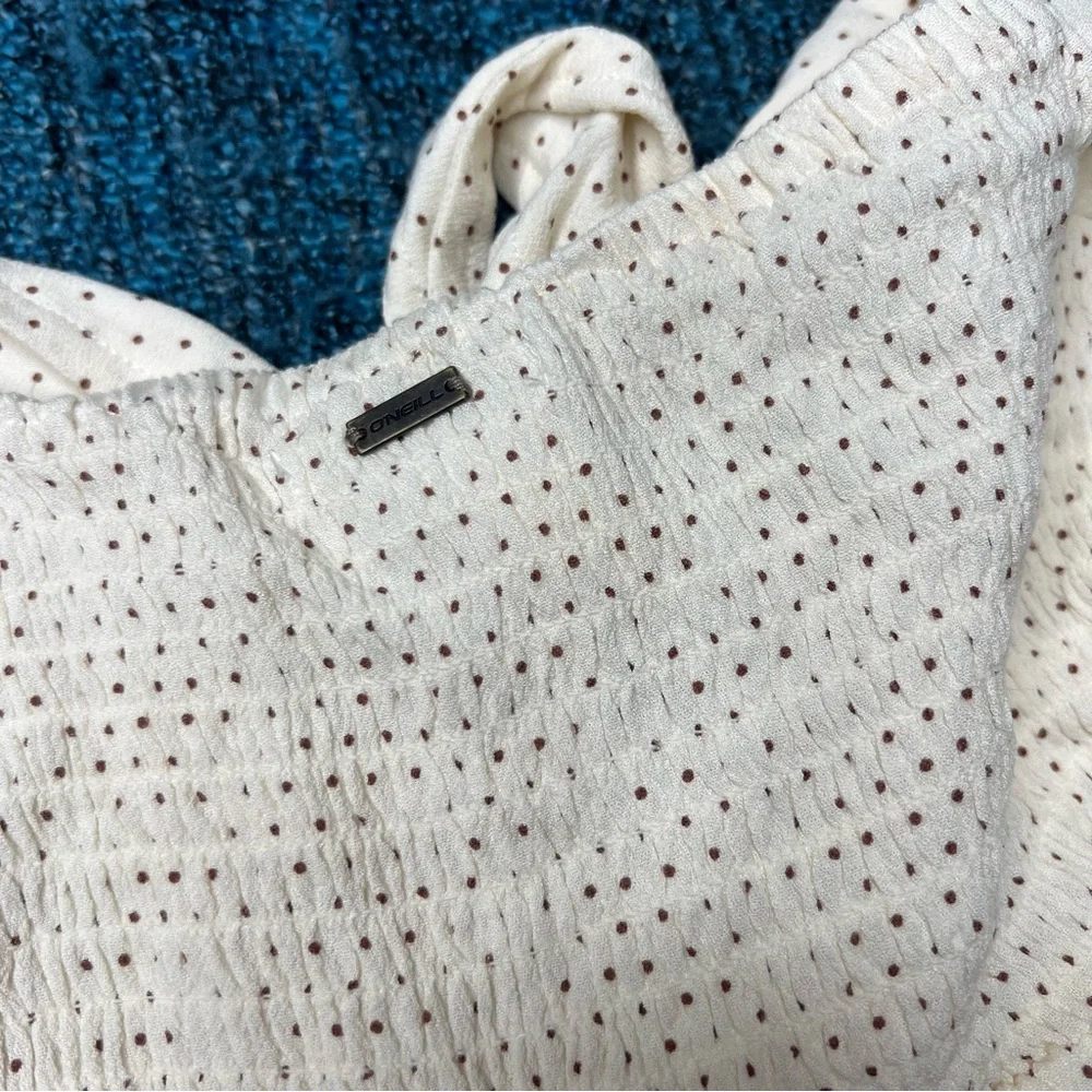 O'Neill Tie Front Puff Sleeve Polka Dot Mini Dress in Cream Brown Size Small NWT